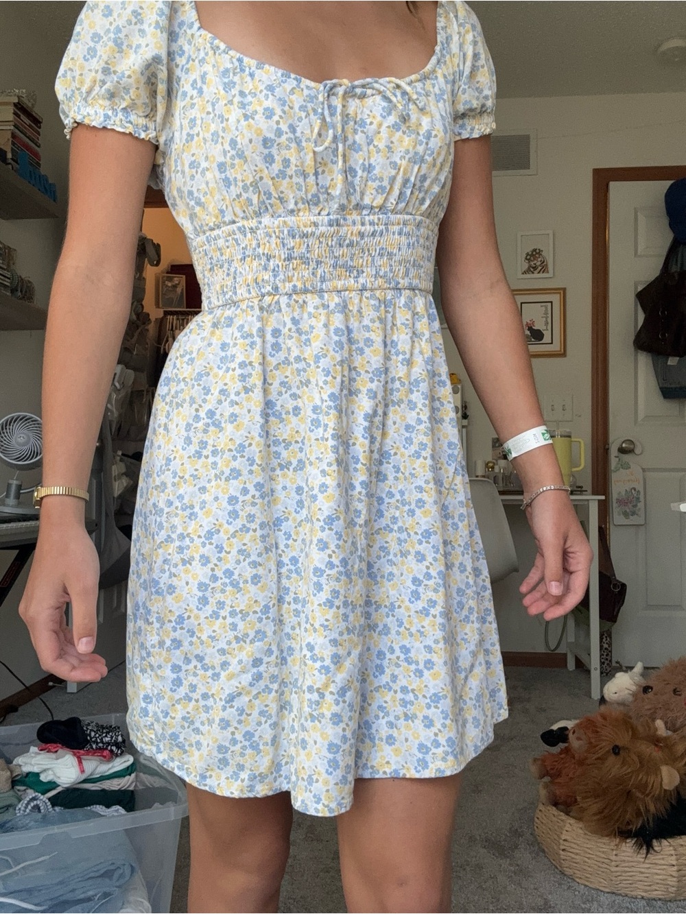 Hollister White Mini Dress with Blue & Yellow Floral Print